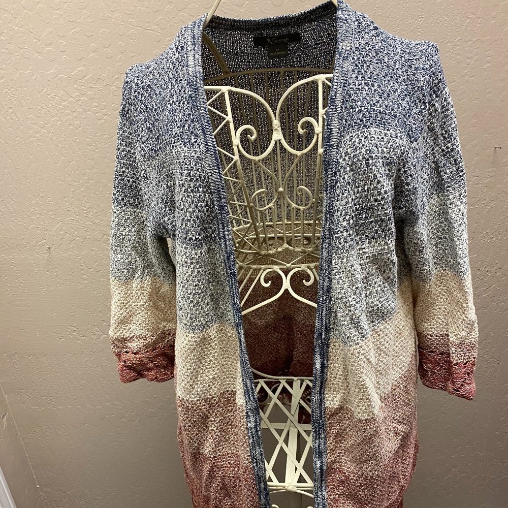 Blue, white, cream, and burgundy cardigan
